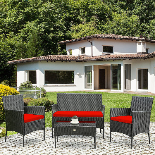 4 Pcs Patio Rattan Cushioned Sofa Furniture Set with Tempered Glass Coffee Table-Red