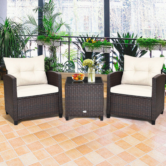 3 Pcs Patio Rattan Furniture Set Cushioned Conversation Set Coffee Table