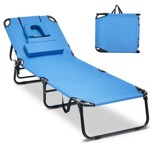 Beach Chaise Lounge Chair with Face Hole and Removable Pillow-Blue