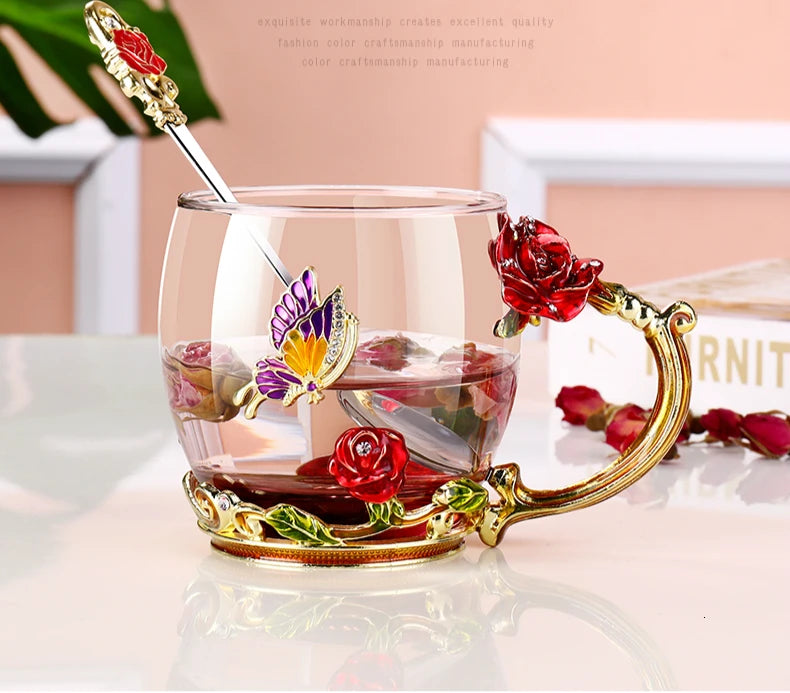 Hand-made Enamel Coffee Mug Crystal Cup Milk Lemon Flower Tea Cup High-grade Drinking Glasses Gift Couple Mug For Lover Wedding