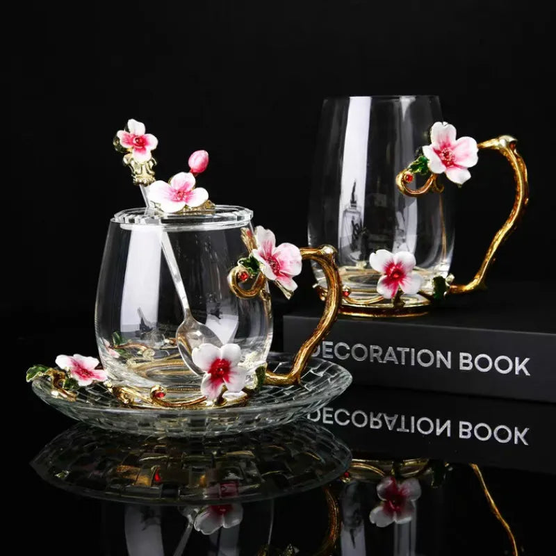 Beautiful Flower Tea Glass Mug Enamel Coffee Cup and Mug for Hot and Cold Drinks Home Tea Cup Spoon Set Perfect Gift for Mom