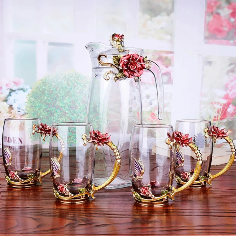 Beautiful Flower Tea Glass Mug Enamel Coffee Cup and Mug for Hot and Cold Drinks Home Tea Cup Spoon Set Perfect Gift for Mom