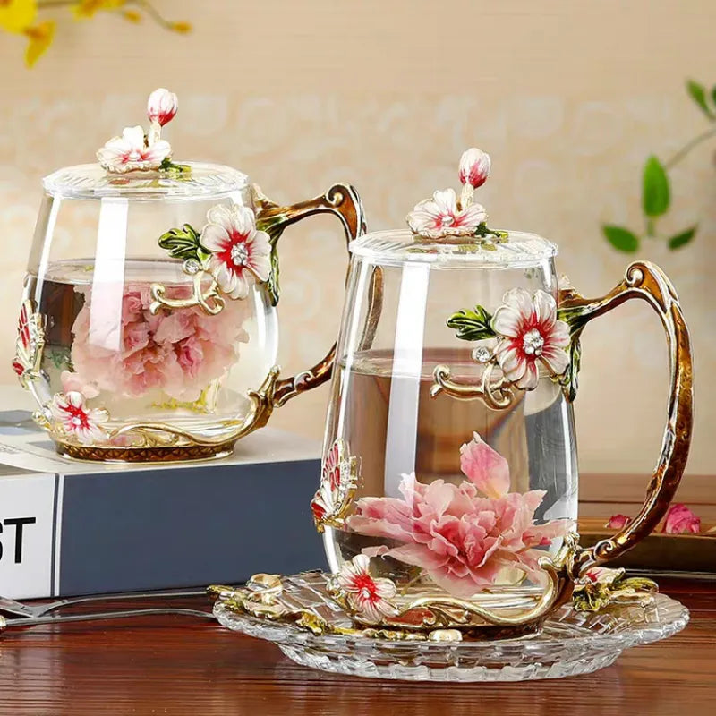 Beautiful Flower Tea Glass Mug Enamel Coffee Cup and Mug for Hot and Cold Drinks Home Tea Cup Spoon Set Perfect Gift for Mom