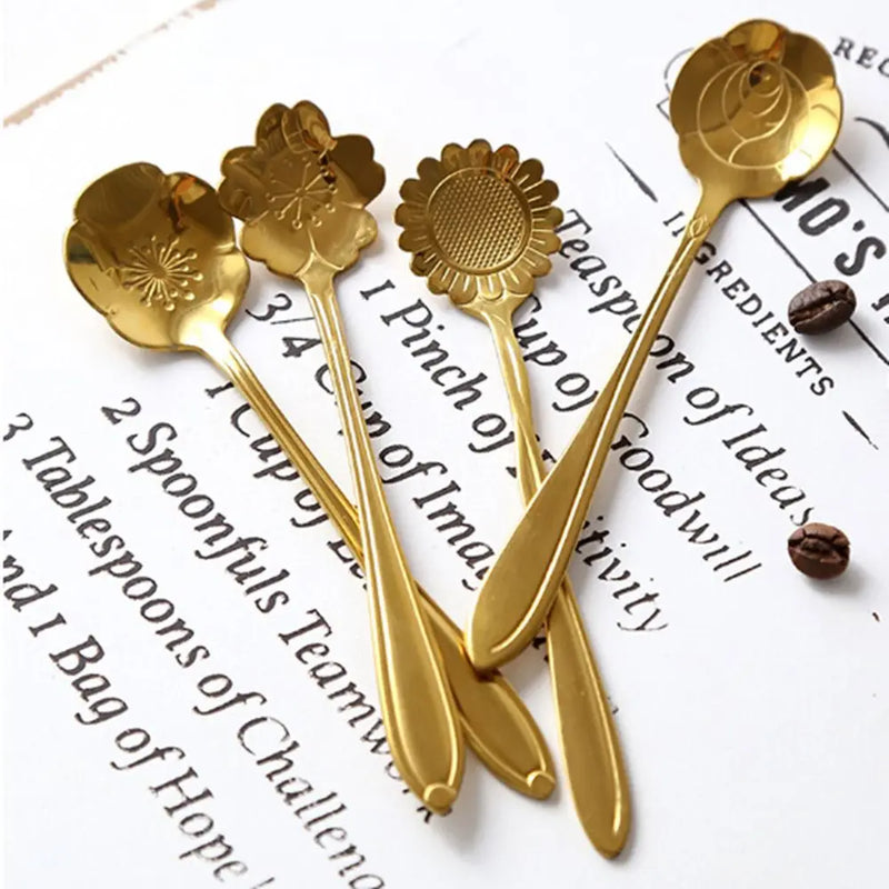 1pcs Mini Cute flower Stainless Steel Teaspoon Coffee Metal golden Soup Dessert Spoon tablespoon dessert spoons Kitchen utensils