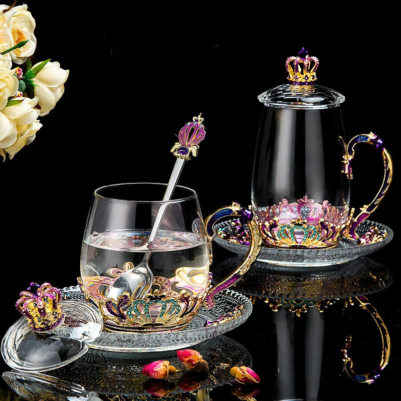 Beautiful Flower Tea Glass Mug Enamel Coffee Cup and Mug for Hot and Cold Drinks Home Tea Cup Spoon Set Perfect Gift for Mom