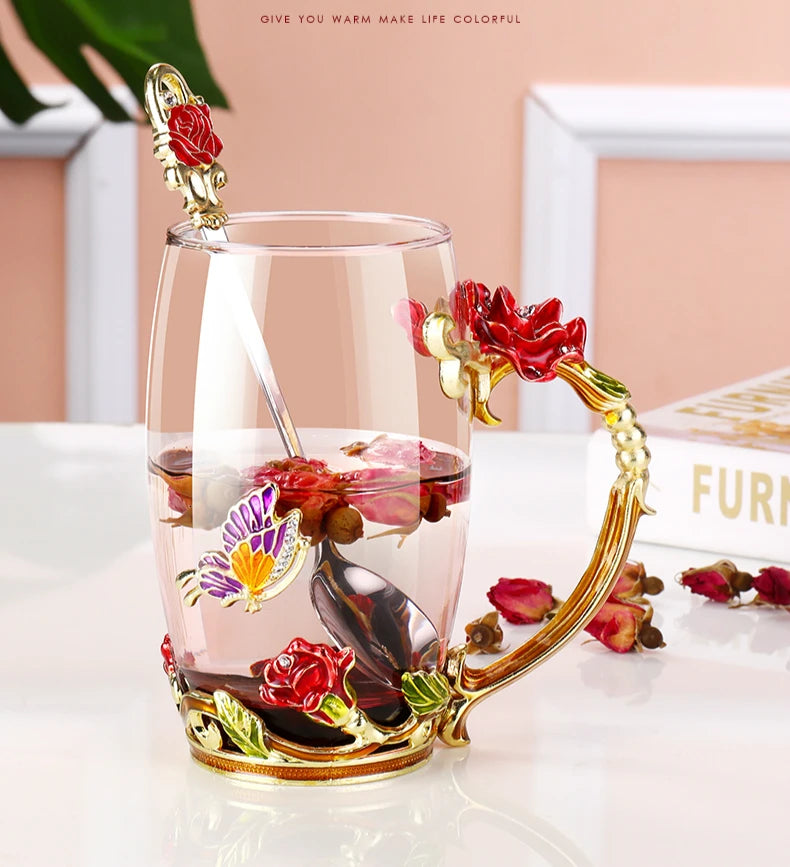 Hand-made Enamel Coffee Mug Crystal Cup Milk Lemon Flower Tea Cup High-grade Drinking Glasses Gift Couple Mug For Lover Wedding