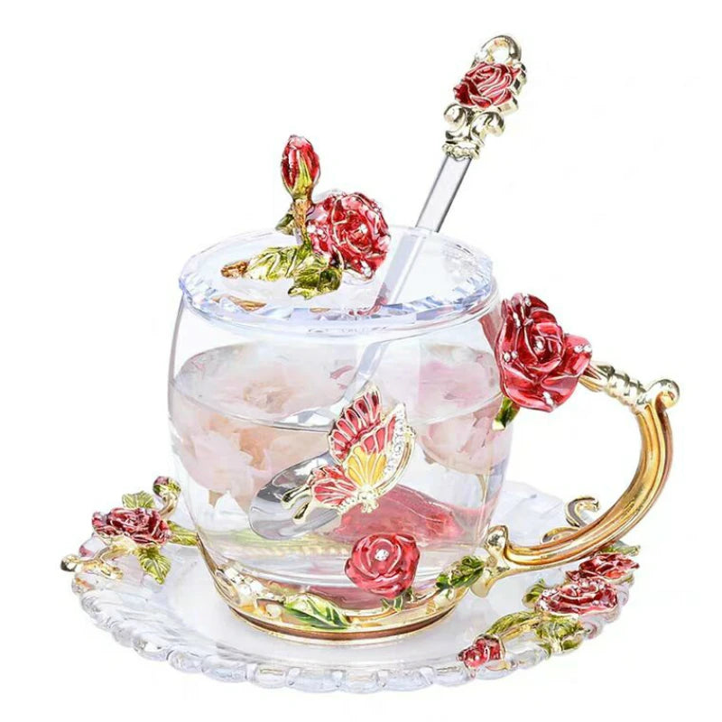 Beautiful Flower Tea Glass Mug Enamel Coffee Cup and Mug for Hot and Cold Drinks Home Tea Cup Spoon Set Perfect Gift for Mom