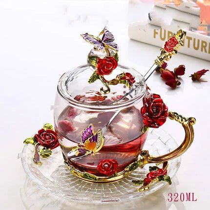 Hand-made Enamel Coffee Mug Crystal Cup Milk Lemon Flower Tea Cup High-grade Drinking Glasses Gift Couple Mug For Lover Wedding