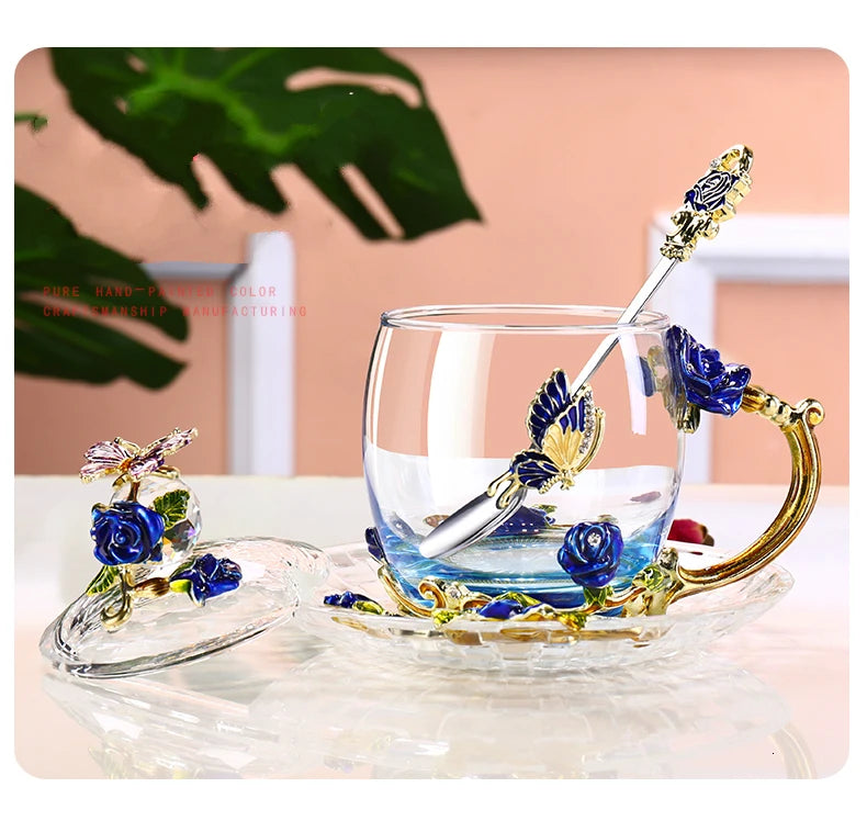 Hand-made Enamel Coffee Mug Crystal Cup Milk Lemon Flower Tea Cup High-grade Drinking Glasses Gift Couple Mug For Lover Wedding