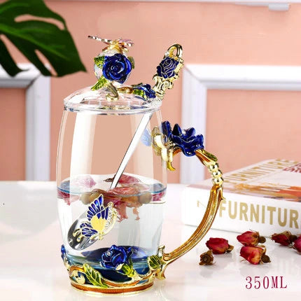 Hand-made Enamel Coffee Mug Crystal Cup Milk Lemon Flower Tea Cup High-grade Drinking Glasses Gift Couple Mug For Lover Wedding