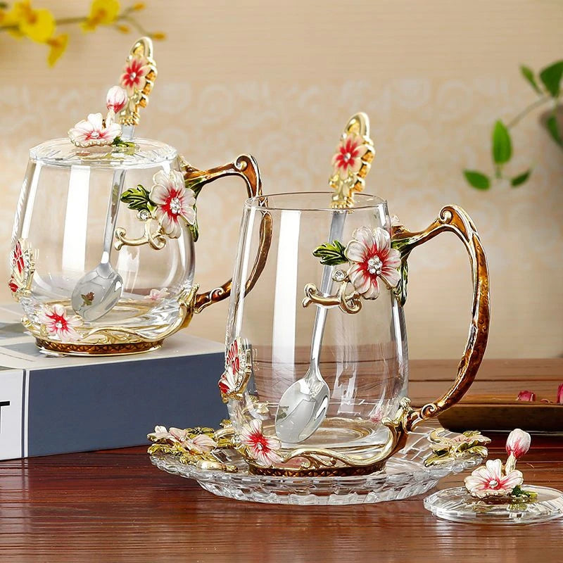 Beautiful Flower Tea Glass Mug Enamel Coffee Cup and Mug for Hot and Cold Drinks Home Tea Cup Spoon Set Perfect Gift for Mom