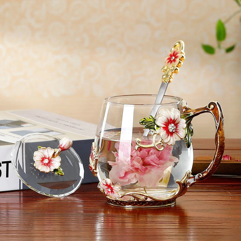 Beautiful Flower Tea Glass Mug Enamel Coffee Cup and Mug for Hot and Cold Drinks Home Tea Cup Spoon Set Perfect Gift for Mom