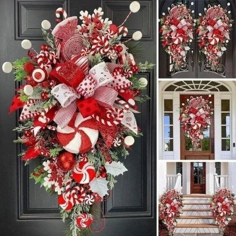 1 PC Christmas Wreath Upside Down Tree With Artificial Candy Wall Hanging For Home Porch Window Door