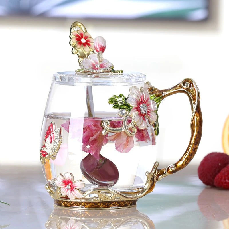 Beautiful Flower Tea Glass Mug Enamel Coffee Cup and Mug for Hot and Cold Drinks Home Tea Cup Spoon Set Perfect Gift for Mom