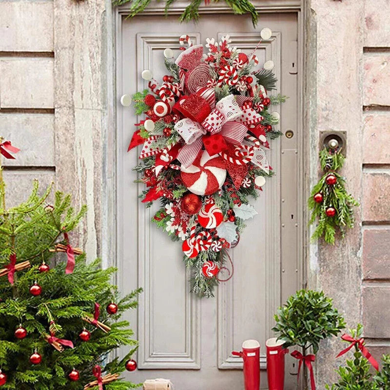 1 PC Christmas Wreath Upside Down Tree With Artificial Candy Wall Hanging For Home Porch Window Door