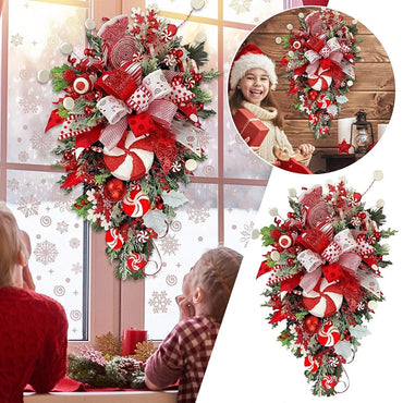 1 PC Christmas Wreath Upside Down Tree With Artificial Candy Wall Hanging For Home Porch Window Door