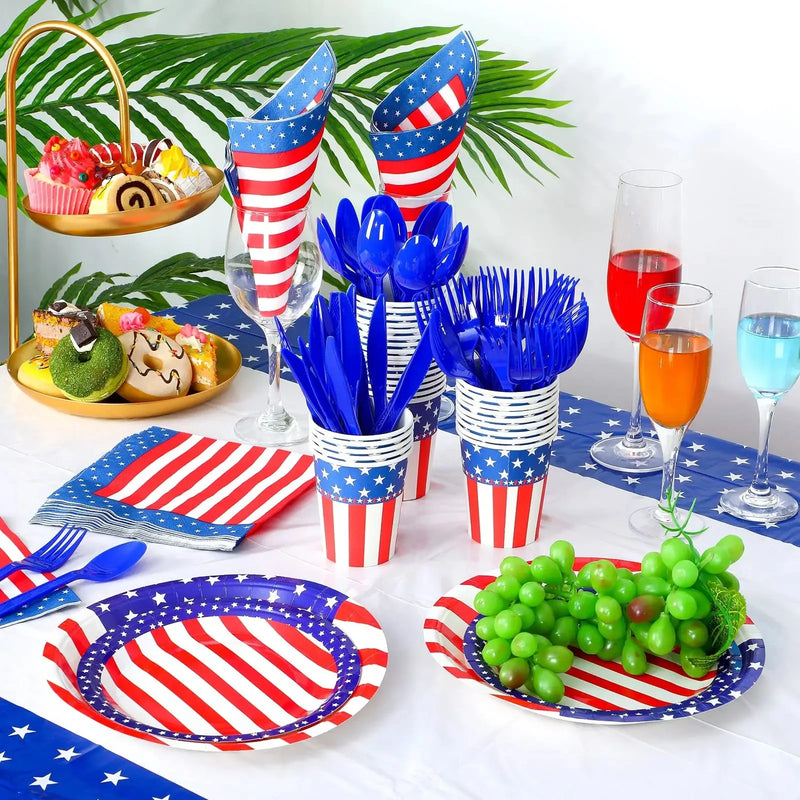 American Flag Disposable Tableware For 4th Of July Decorative Plates With Cup Fork