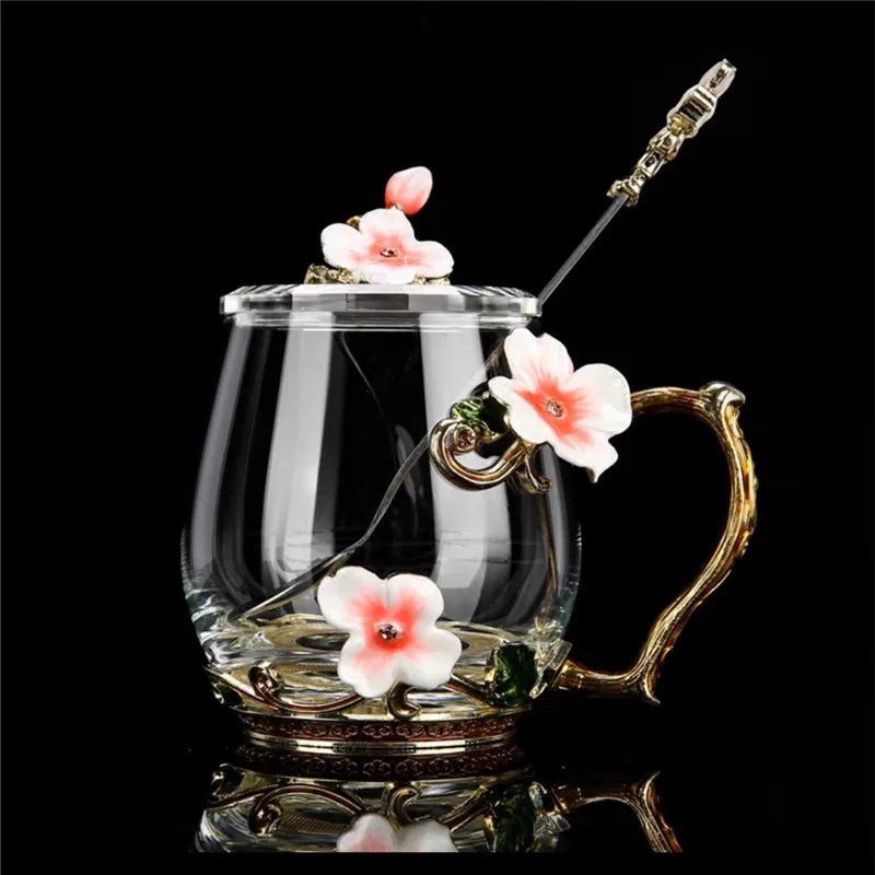 Beautiful Flower Tea Glass Mug Enamel Coffee Cup and Mug for Hot and Cold Drinks Home Tea Cup Spoon Set Perfect Gift for Mom