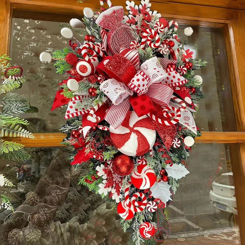 1 PC Christmas Wreath Upside Down Tree With Artificial Candy Wall Hanging For Home Porch Window Door