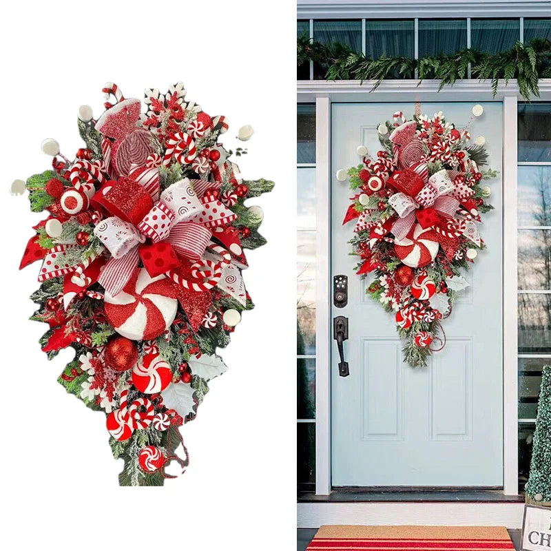 1 PC Christmas Wreath Upside Down Tree With Artificial Candy Wall Hanging For Home Porch Window Door