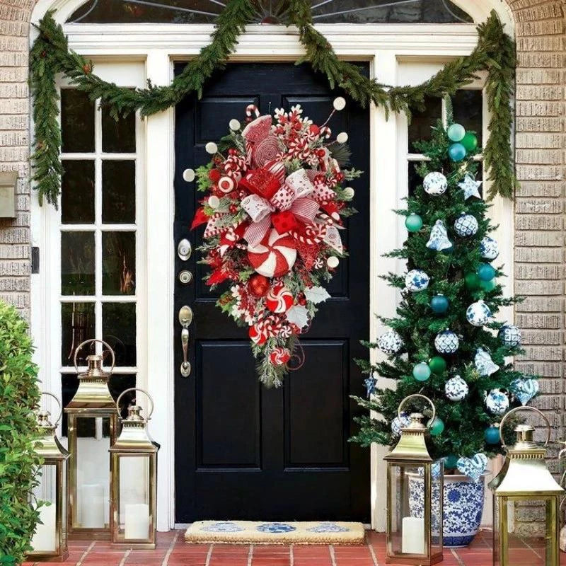 1 PC Christmas Wreath Upside Down Tree With Artificial Candy Wall Hanging For Home Porch Window Door