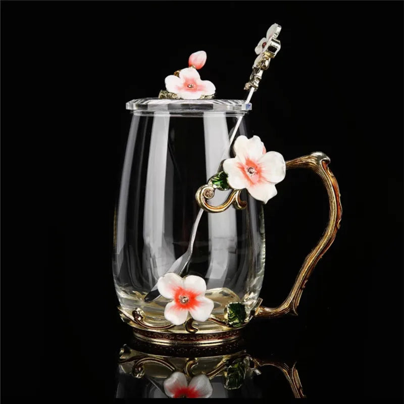 Beautiful Flower Tea Glass Mug Enamel Coffee Cup and Mug for Hot and Cold Drinks Home Tea Cup Spoon Set Perfect Gift for Mom