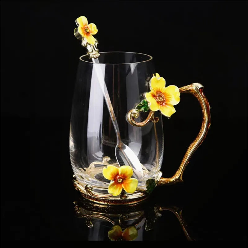 Beautiful Flower Tea Glass Mug Enamel Coffee Cup and Mug for Hot and Cold Drinks Home Tea Cup Spoon Set Perfect Gift for Mom