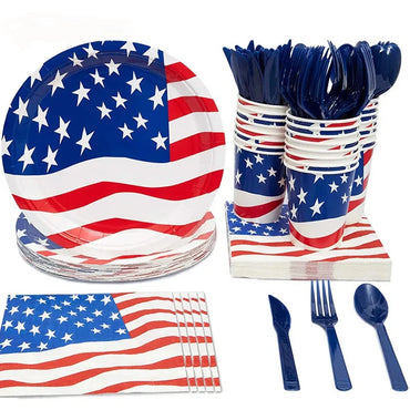 American Flag Disposable Tableware For 4th Of July Decorative Plates With Cup Fork