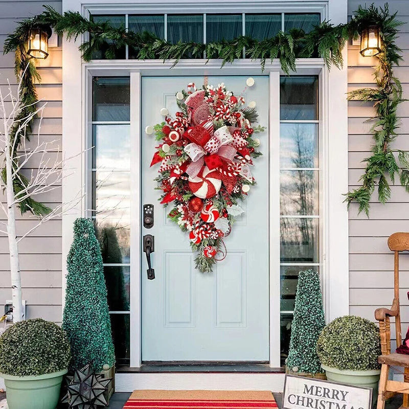 1 PC Christmas Wreath Upside Down Tree With Artificial Candy Wall Hanging For Home Porch Window Door