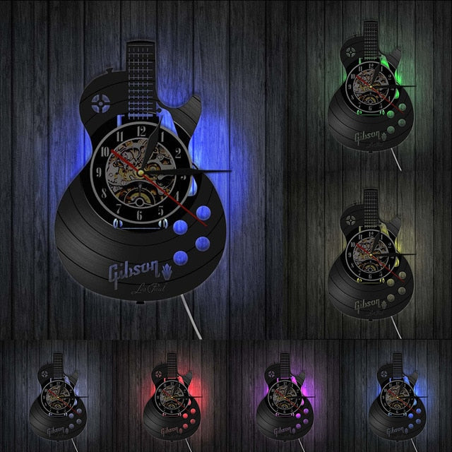 Antique Style Vinyl Record Acoustic Guitar LED Wall Clock For Music lovers