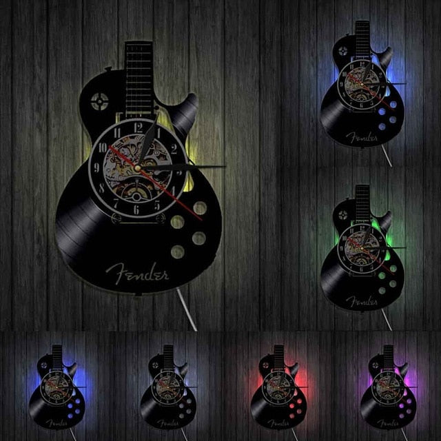 Antique Style Vinyl Record Acoustic Guitar LED Wall Clock For Music lovers