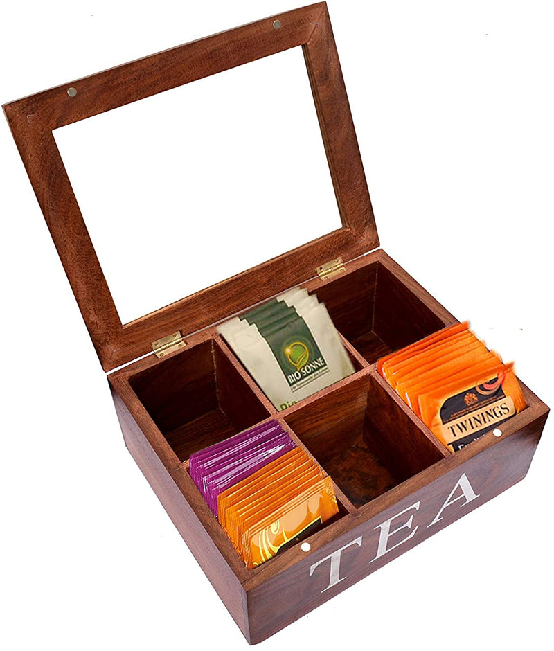 6 Compartments Wooden Chest Tea Storage Box With Transparent Window